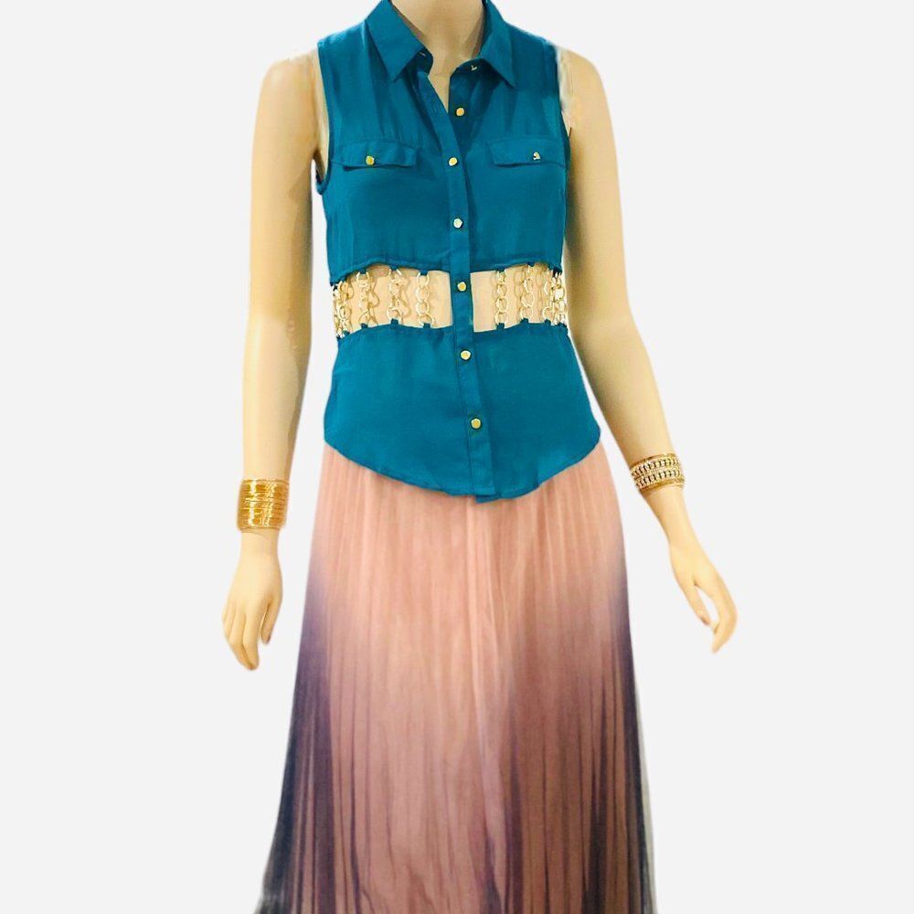Teal Gold Chain Hardware Sheer Button Up Blouse NWT